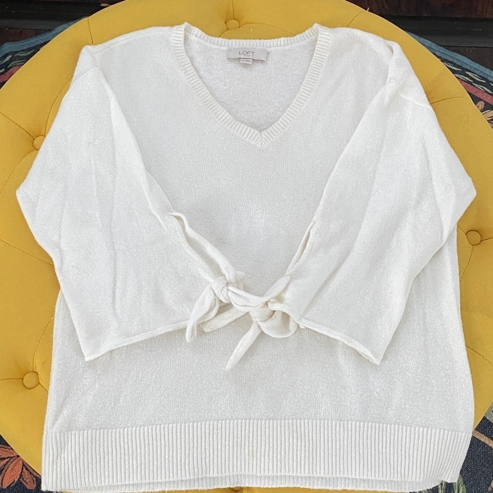 LOFT Women's Ivory V-Neck Sweater with Tie Accents